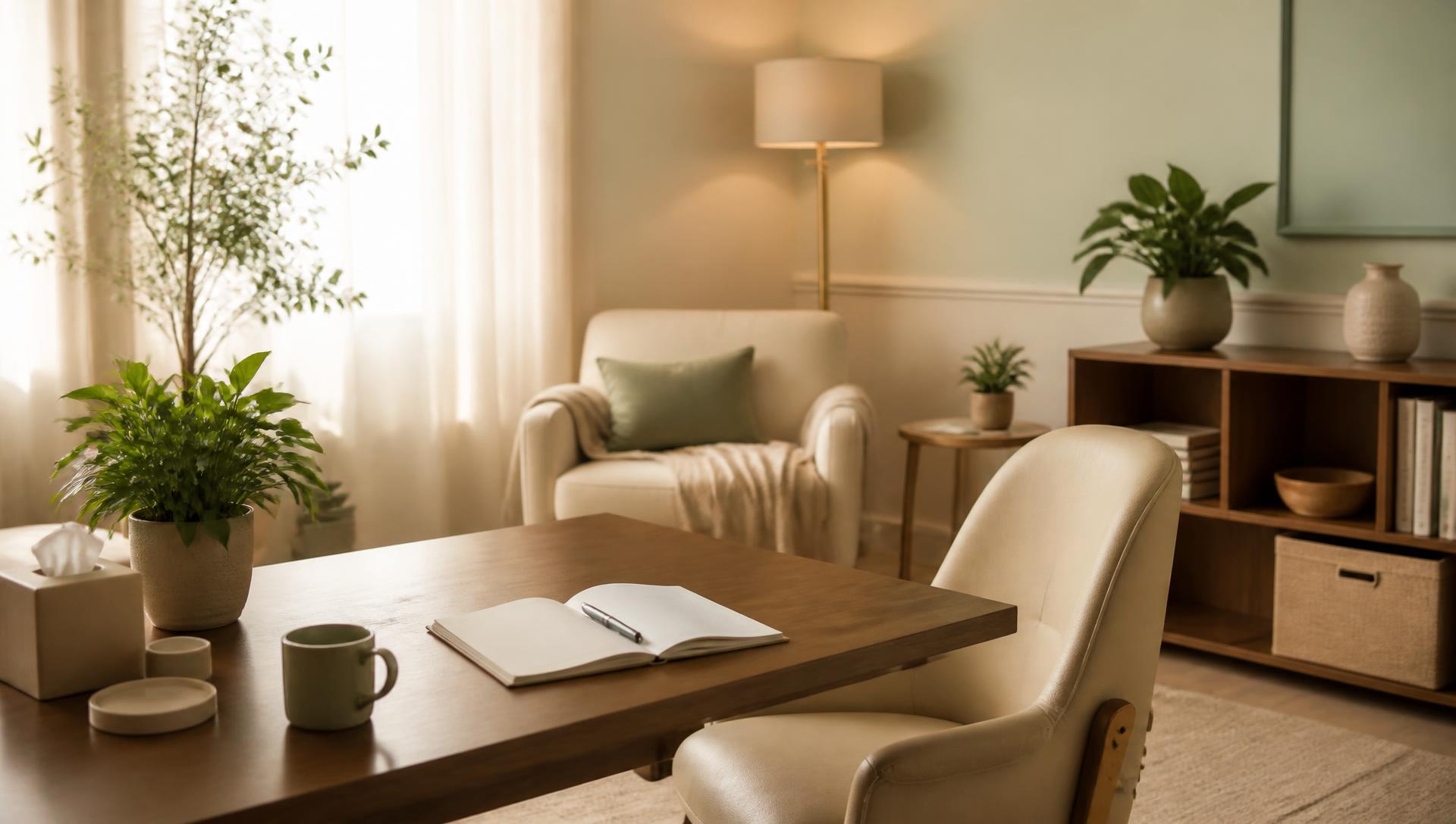 A calm, sunlit workspace with plants, books, and a notebook